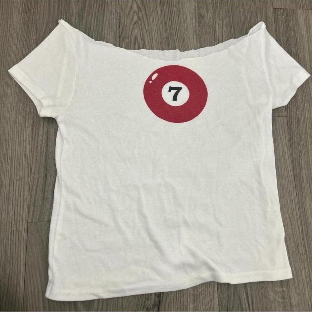 White off the shoulder crop top with red billiard ball #partyvibes